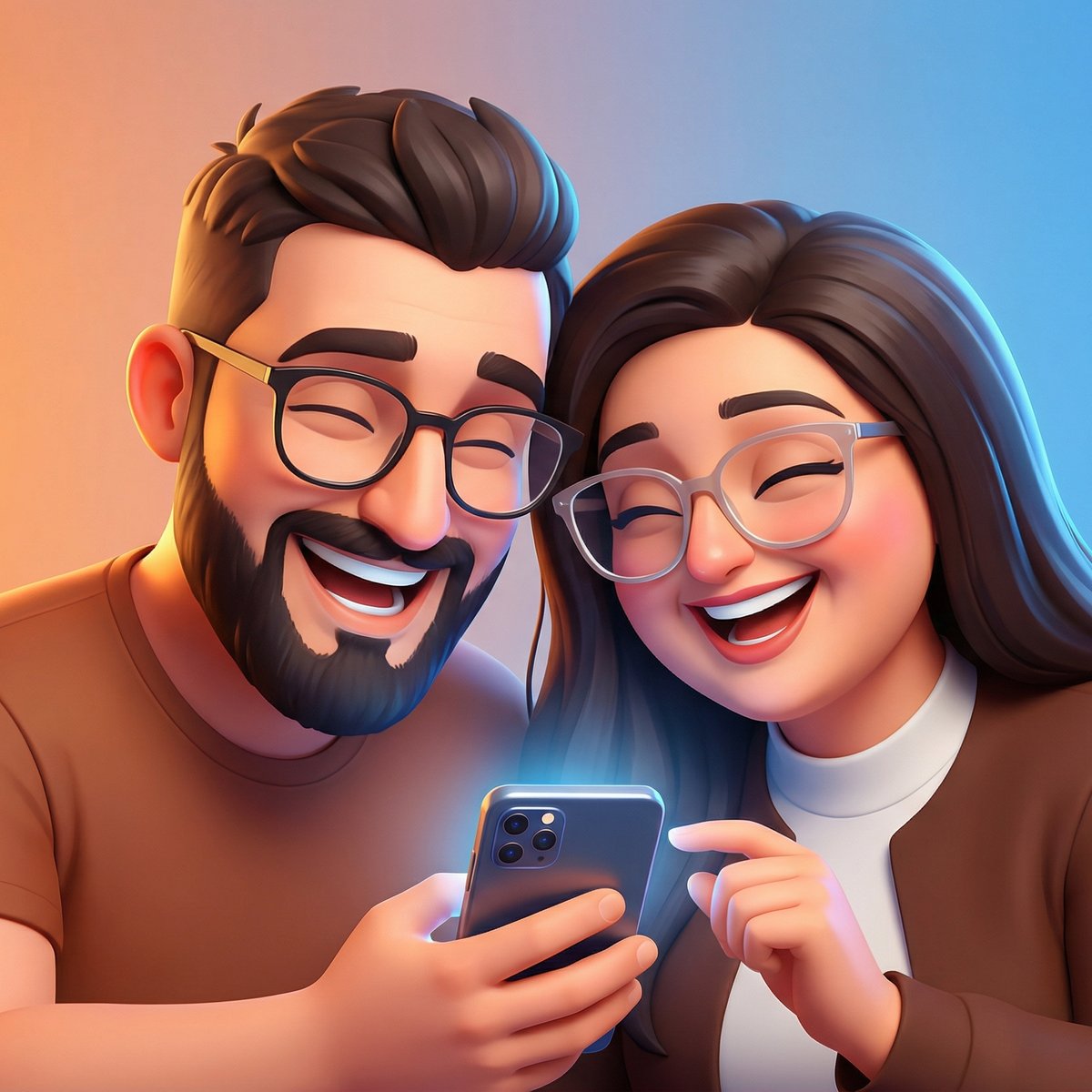 Commercial 3D Cartoon Couple Laughing at Phone — Polished Vibrant Ad Style example 2