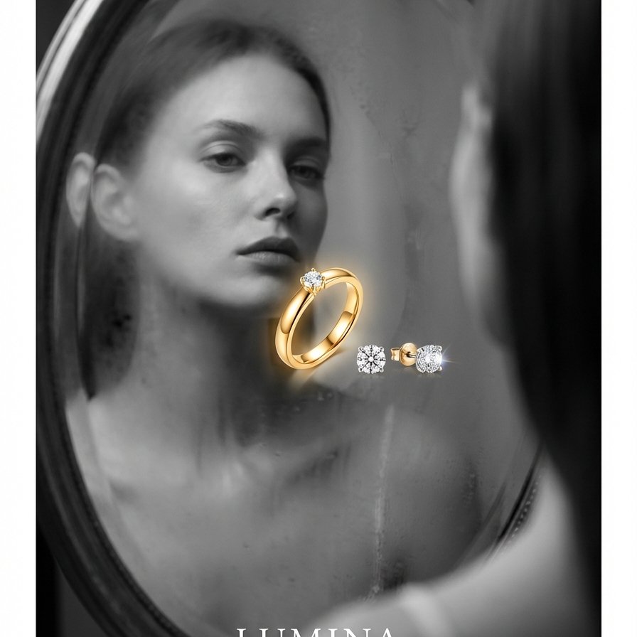 Cinematic Jewelry Reflections — Grayscale Mirror Brand Poster for [BRANDNAME] example 1