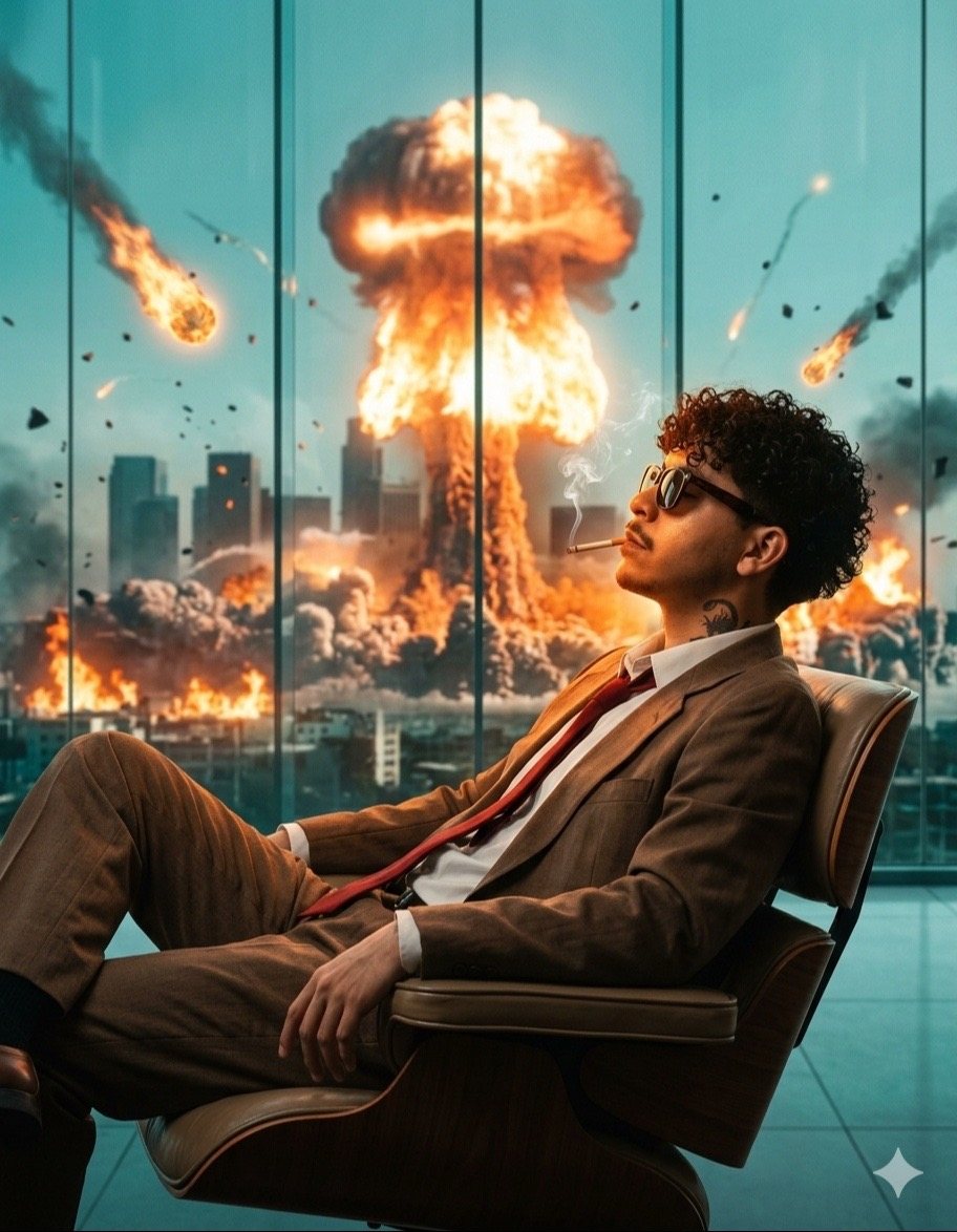 Calm Man Watching Nuclear Explosion — Cinematic Gemini Face Swap example 1