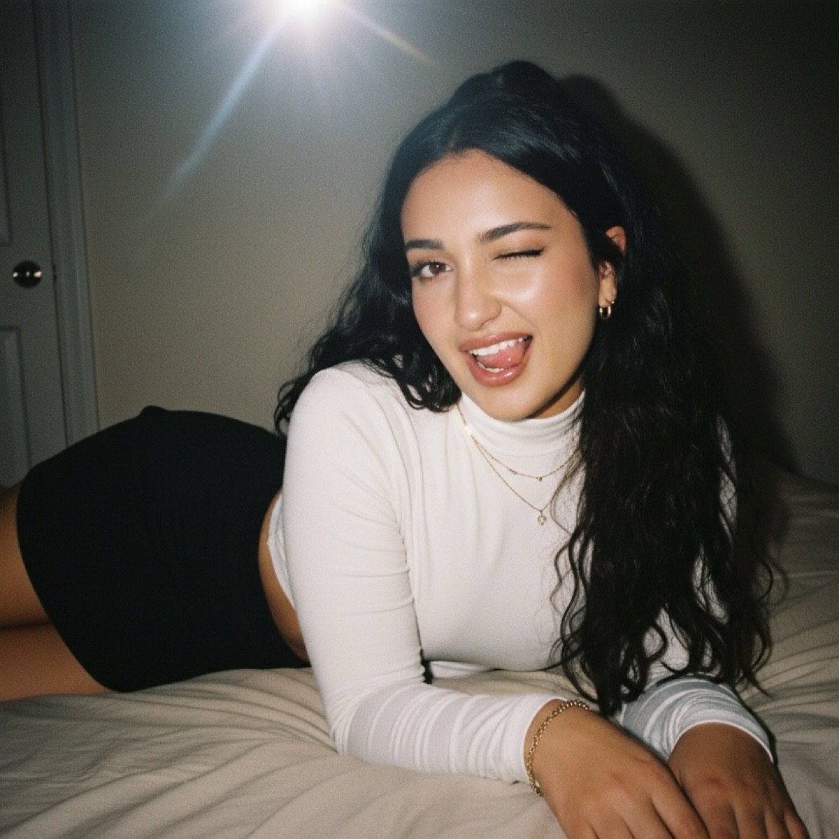 Gemini AI: Flash-Lit Playful Bedroom Shot example 1