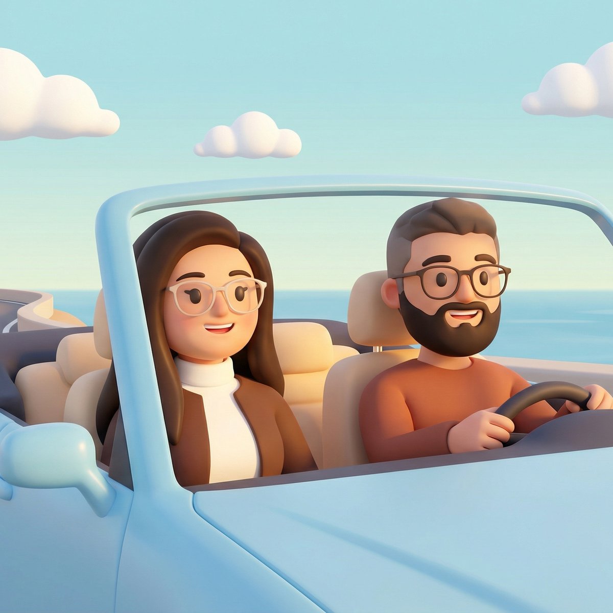 Soft-Shading 3D Cartoon Couple Convertible Ride — Baby Blue Car with Stylized Sky example 3