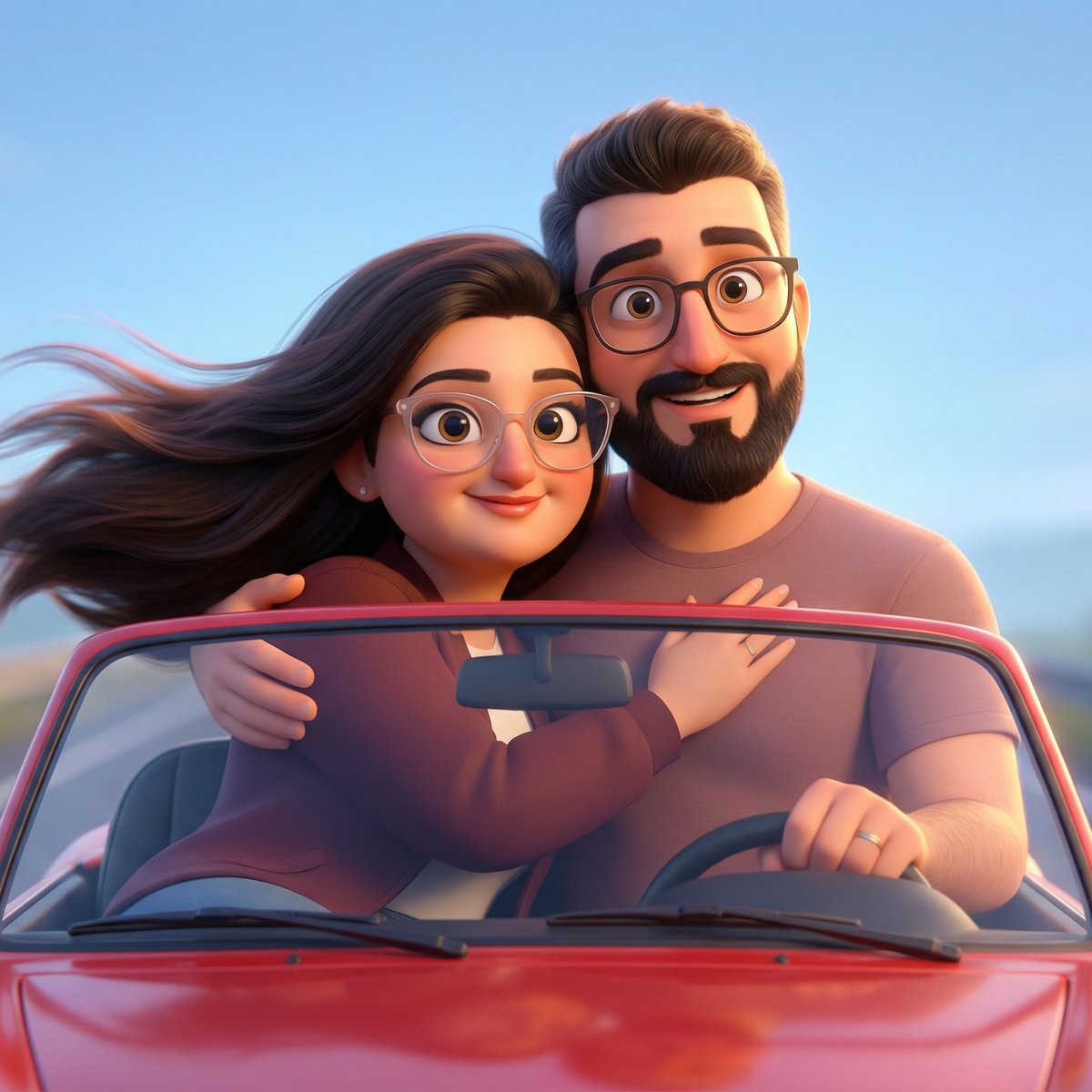 DreamWorks Couple Convertible Road Trip — 3D Cartoon Wind-in-Hair Scene example 1