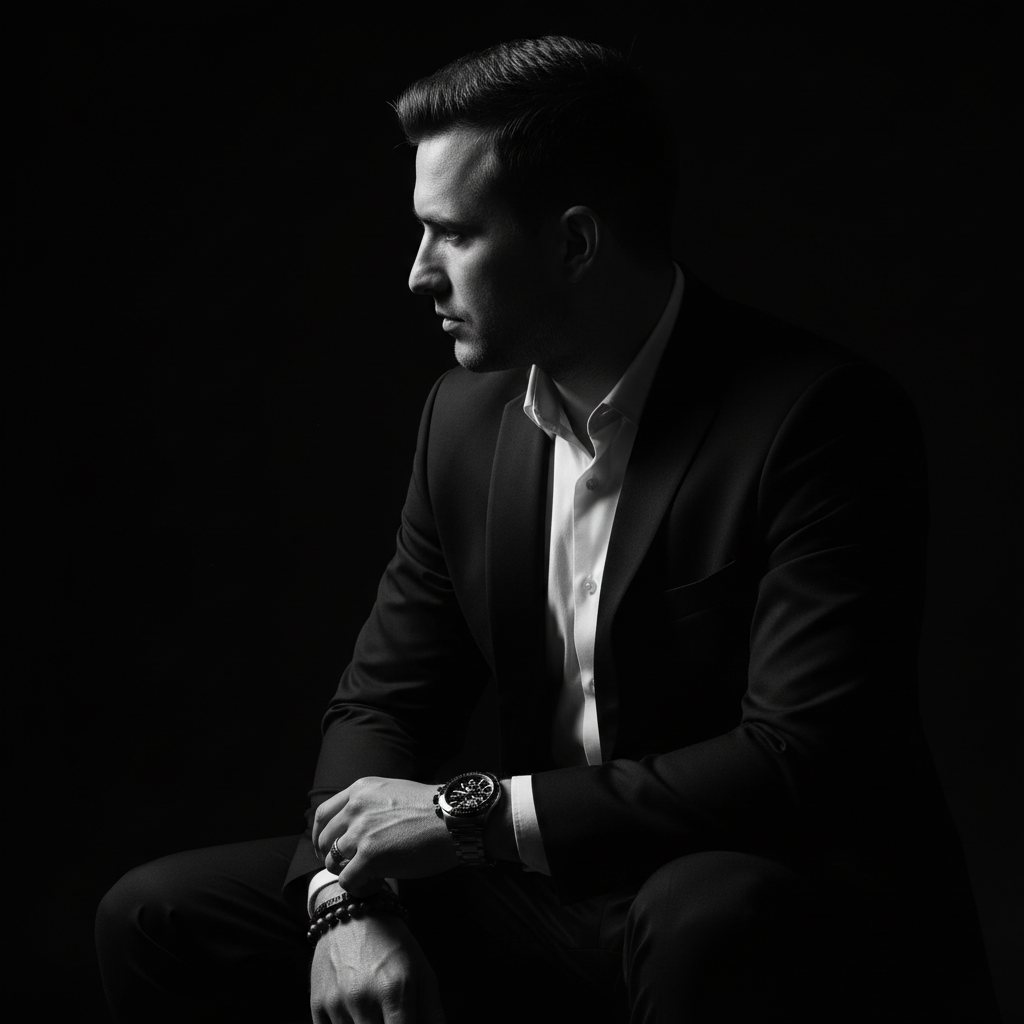 Cinematic 8K Black & White Chiaroscuro Seated Portrait example 1