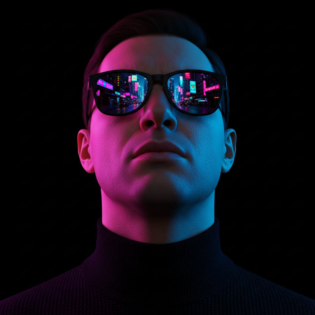 Cyberpunk Neon Dual-Tone Portrait with City Reflection Sunglasses example 1