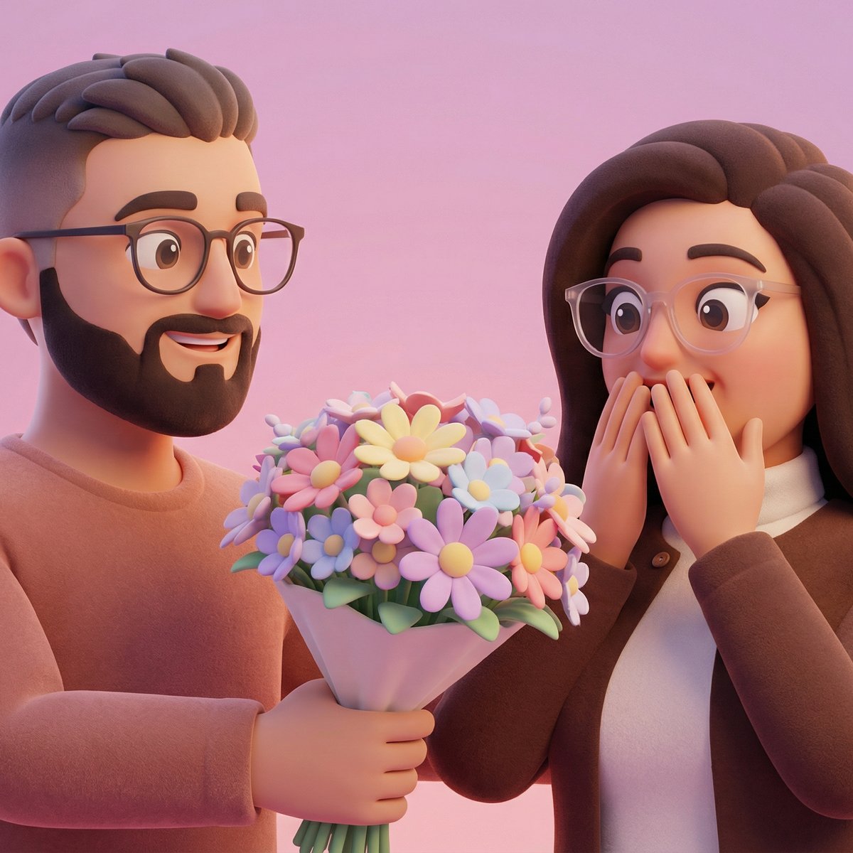 Matte 3D Cartoon Flower Surprise — Romantic Bouquet Moment with Pastel Palette example 2