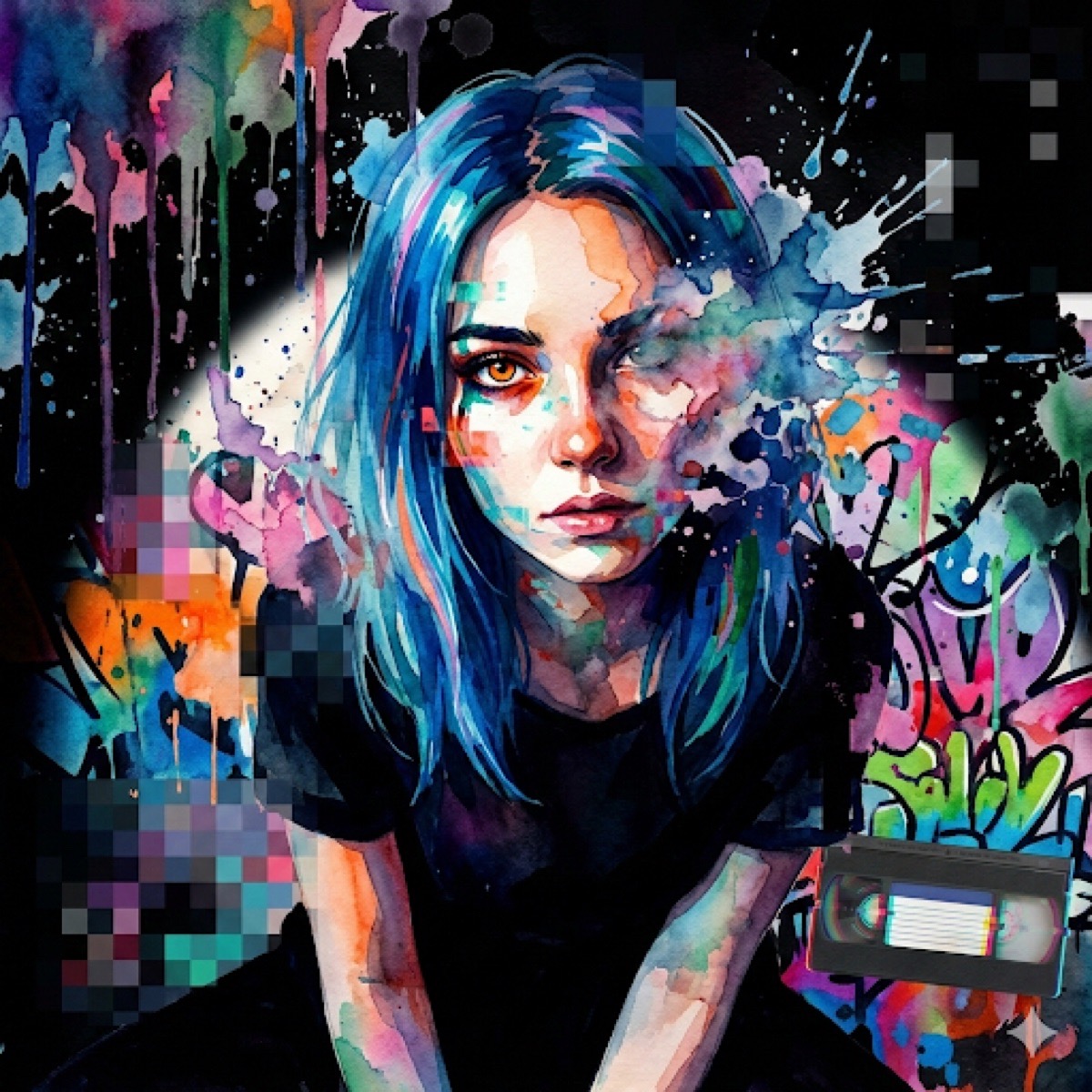 Digital Watercolor Glitch Girl Prompt example 1