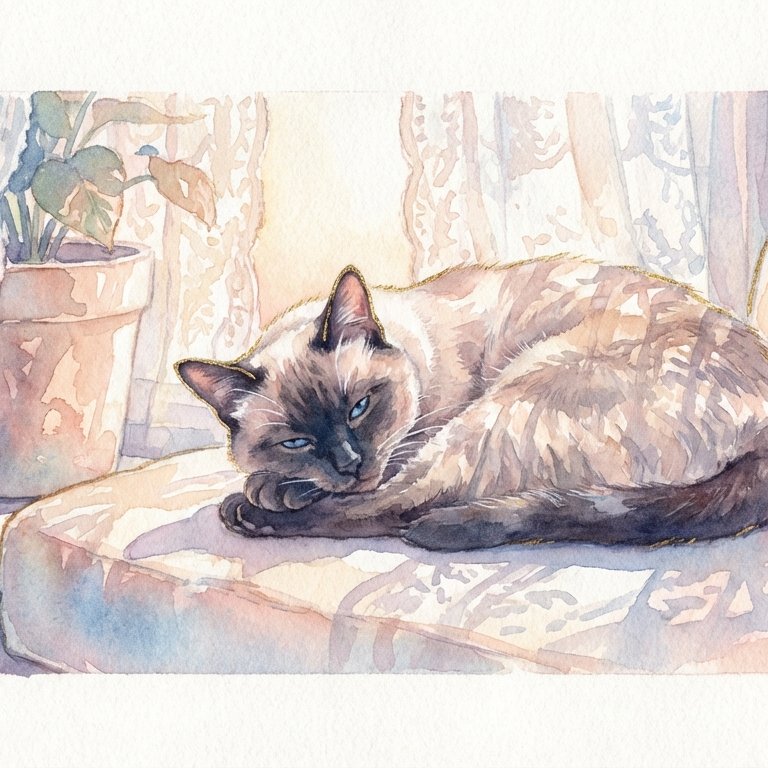 Whispers of the Golden Afternoon — Siamese Cat Watercolor Scene example 5
