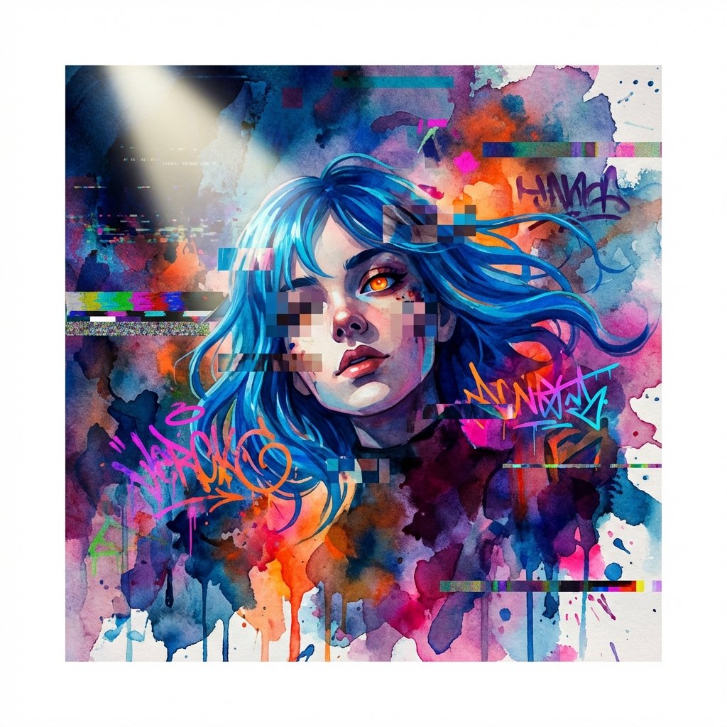 Digital Watercolor Glitch Art Portrait — Expressive VHS Style for [YOUR CHARACTER] example 1