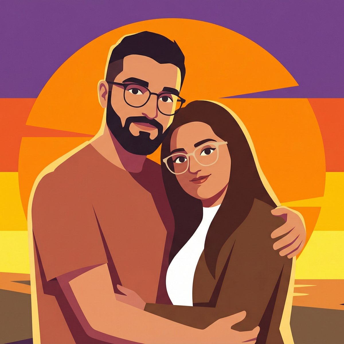 Flat-Shading 3D Cartoon Couple Sunset Embrace — Graphic Modern Silhouette Scene example 3
