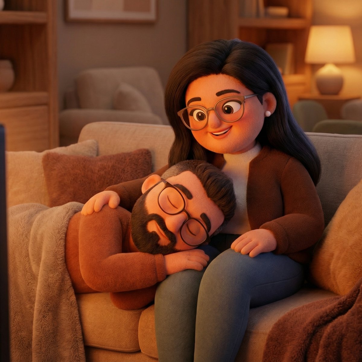 Soft Plush 3D Cartoon Couch Cuddle — Cozy Living Room TV Night Scene example 2