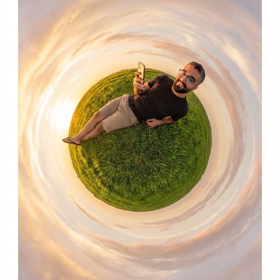 Tiny Planet Vortex — Selfie on a Grass Sphere with Swirling Sky (Kling) example 2