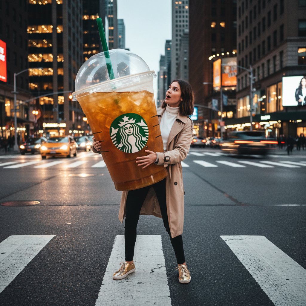 Hugging a Giant Starbucks Cup — Oversized Object Photo example 1