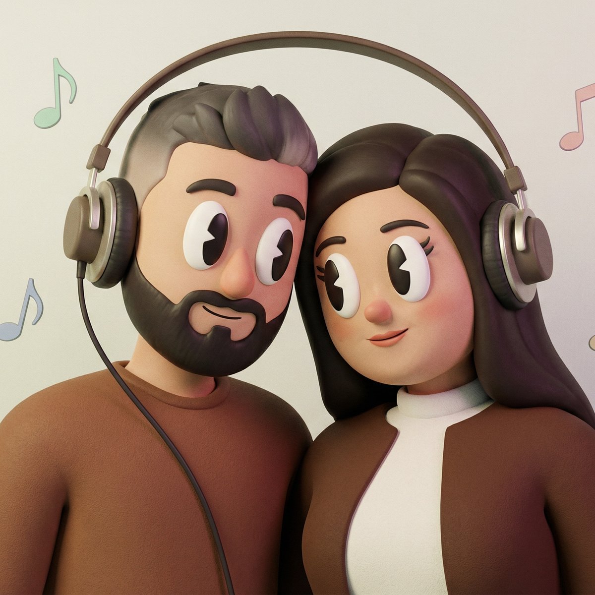 1940s Retro Couple Sharing Headphones — Nostalgic 3D Cartoon Music Scene example 1