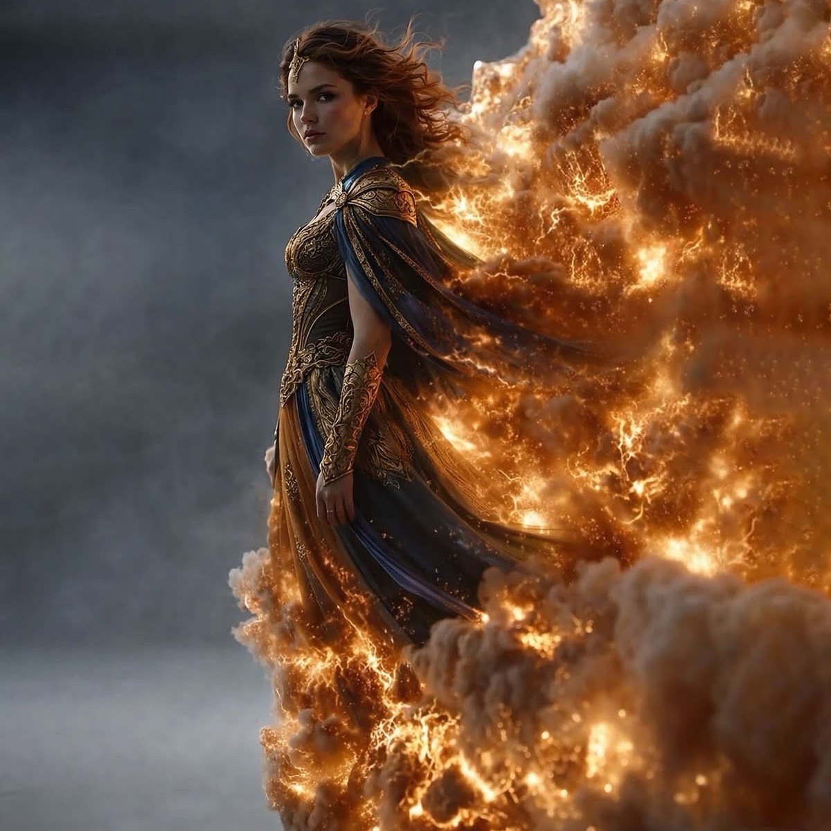 warrior queen emerging from blazing clouds example 1