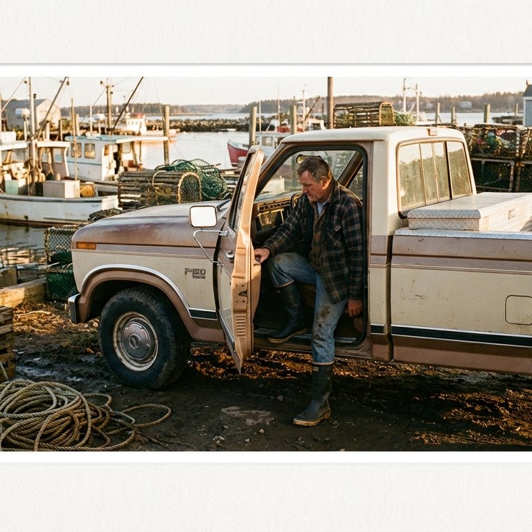 Harbor Dawn — Cinematic 35mm Film Fisherman Portrait Prompt example 1