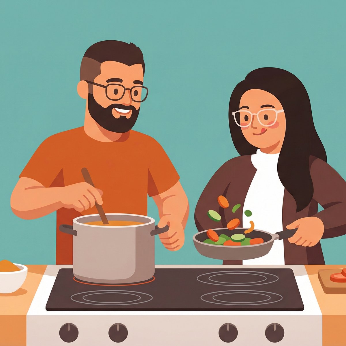 Clean Vector 3D Couple Cooking Together — Geometric Cartoon Kitchen Scene example 3