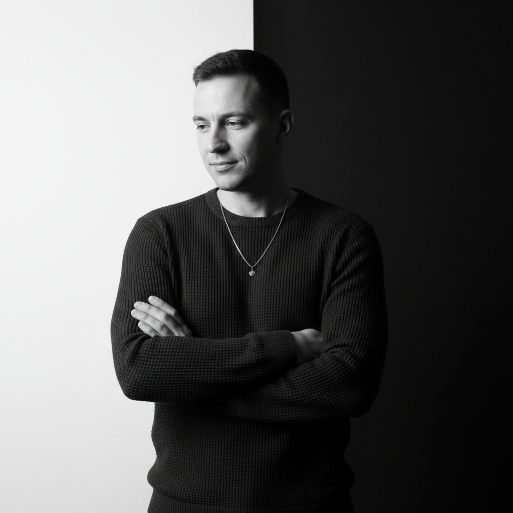 Black & White Split Background Studio Portrait example 1