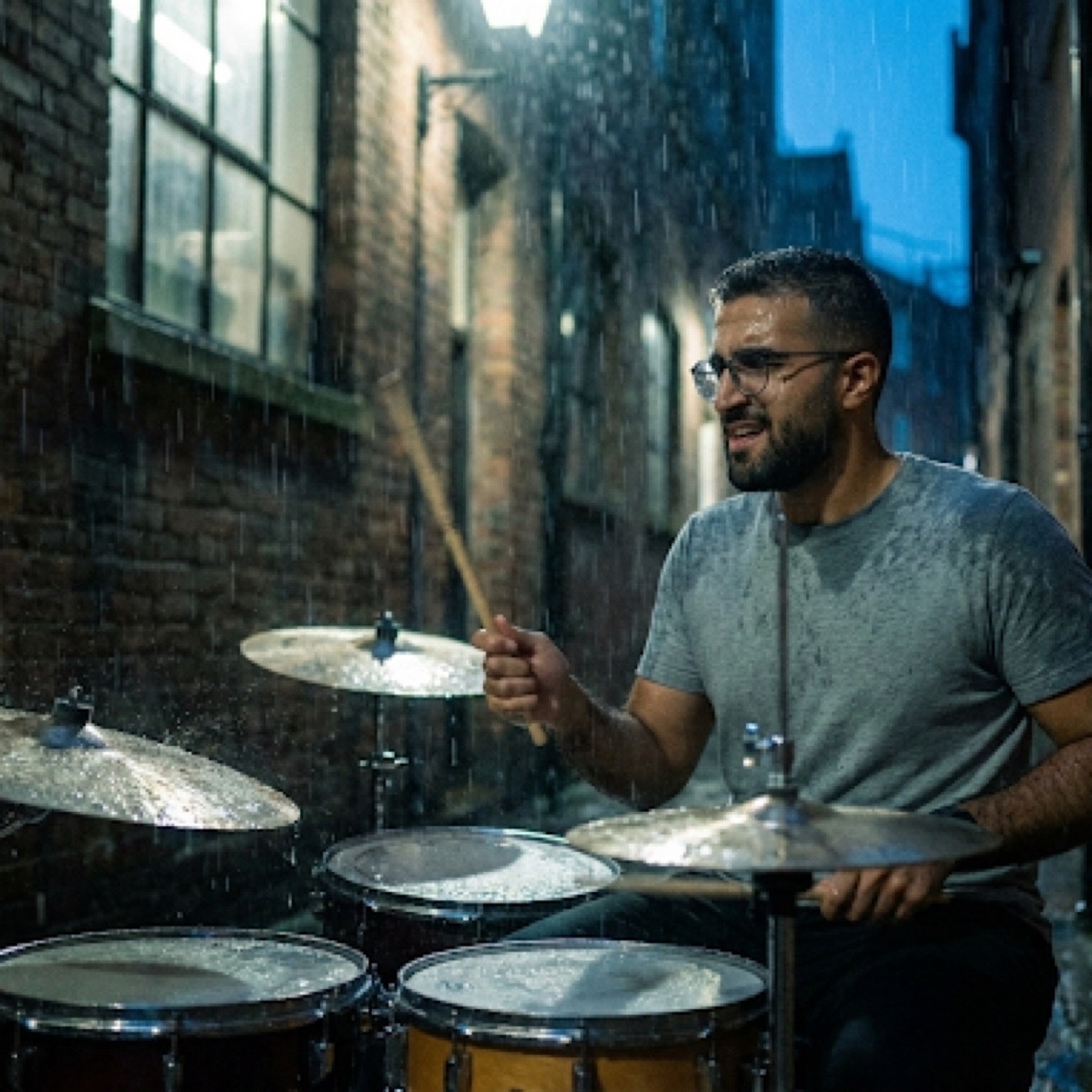 Cinematic Rain Alley Drumshot Prompt example 1