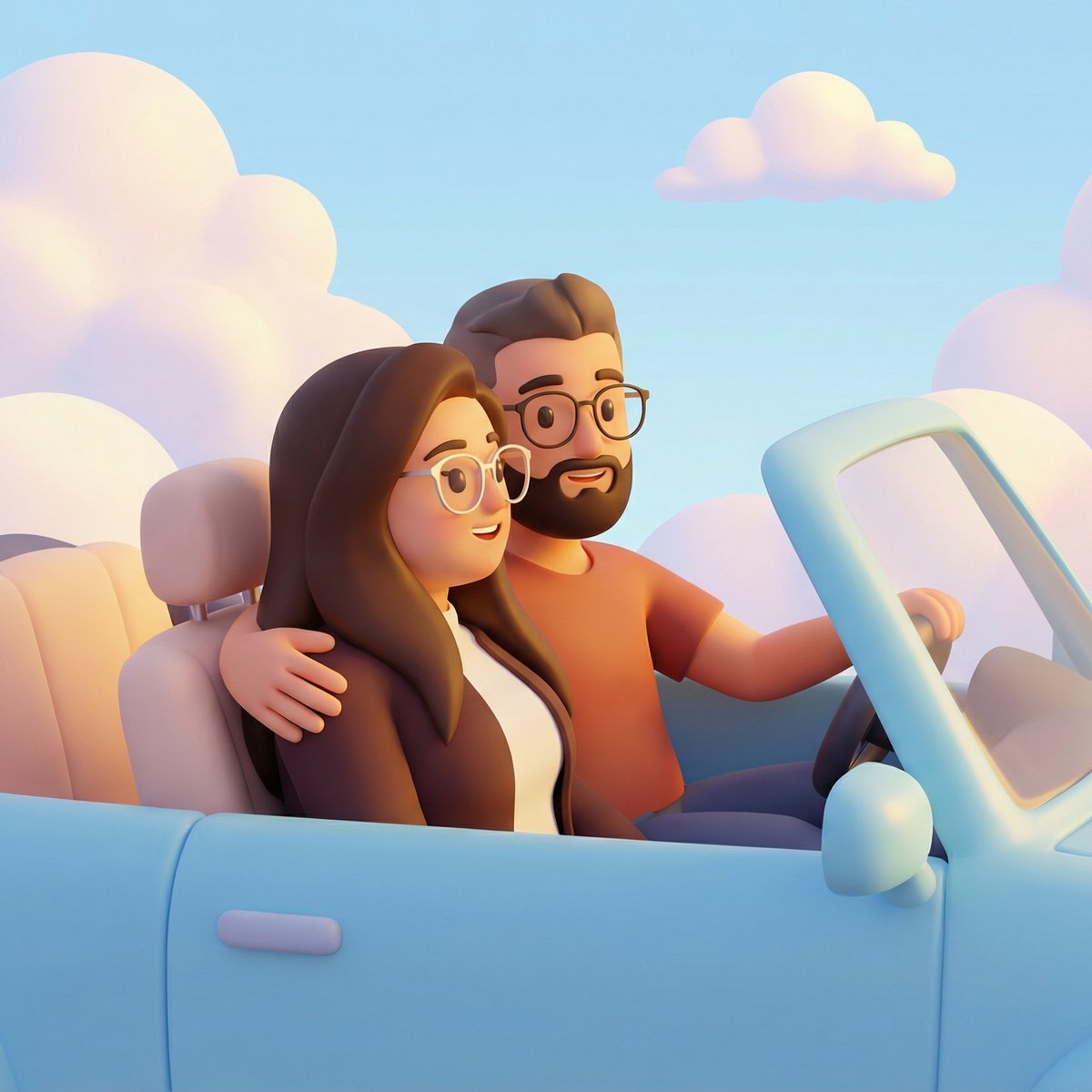 Soft-Shading 3D Cartoon Couple Convertible Ride — Baby Blue Car with Stylized Sky example 2