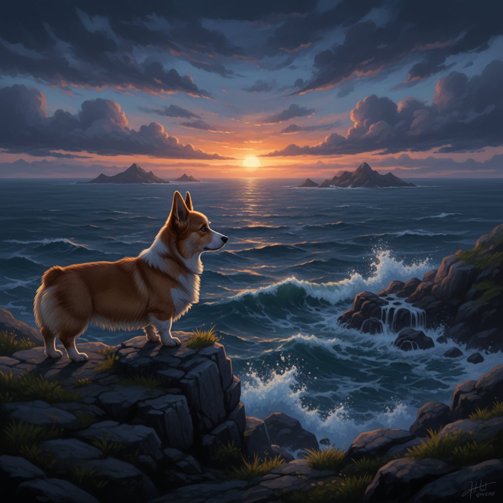 Corgi looking at the sea example 1