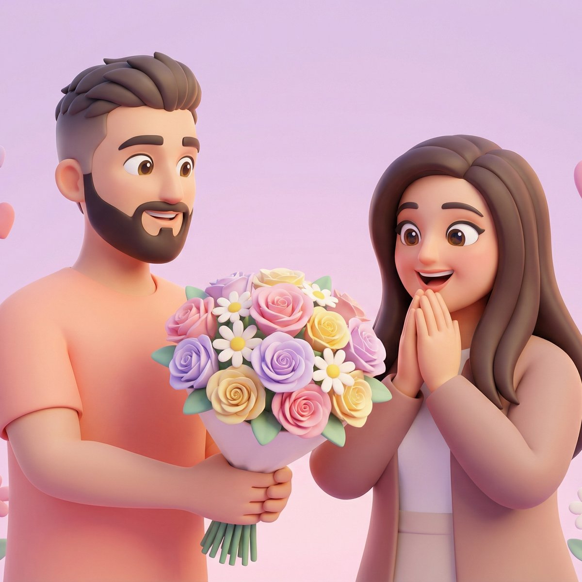 Matte 3D Cartoon Flower Surprise — Romantic Bouquet Moment with Pastel Palette example 3