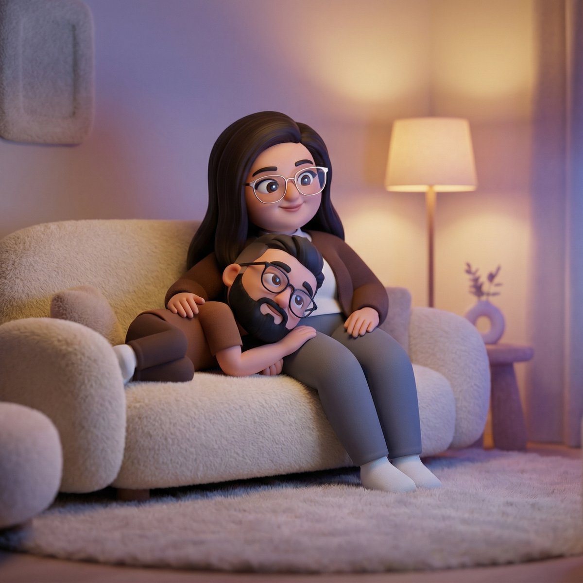 Soft Plush 3D Cartoon Couch Cuddle — Cozy Living Room TV Night Scene example 1