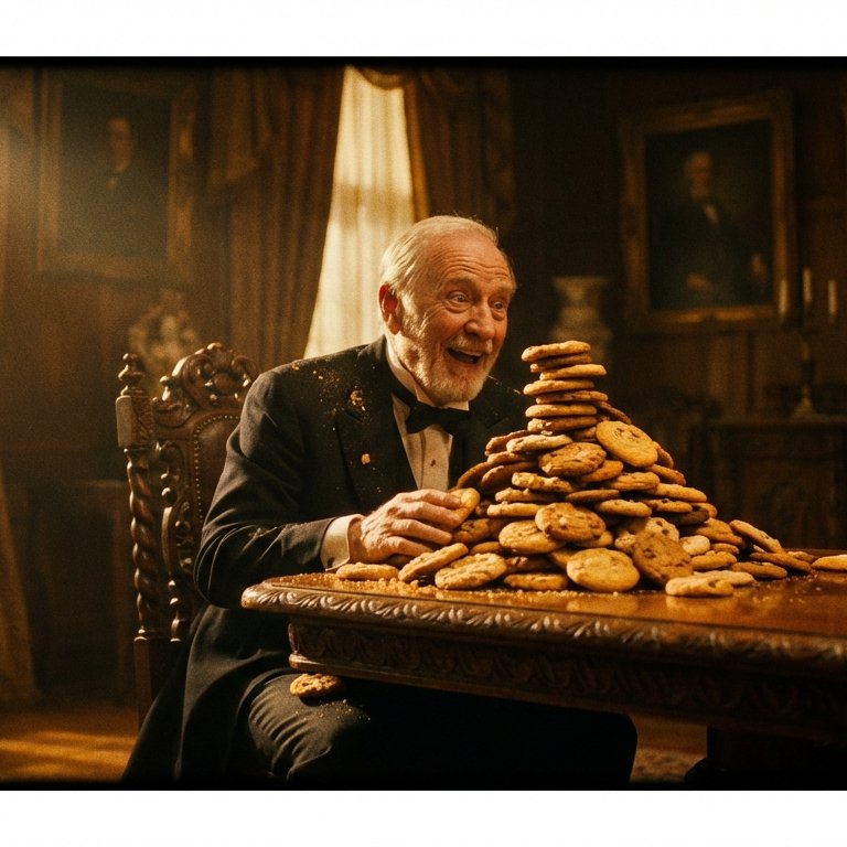 Cinematic Cookie Feast — Absurdist 35mm Film Portrait Prompt example 3