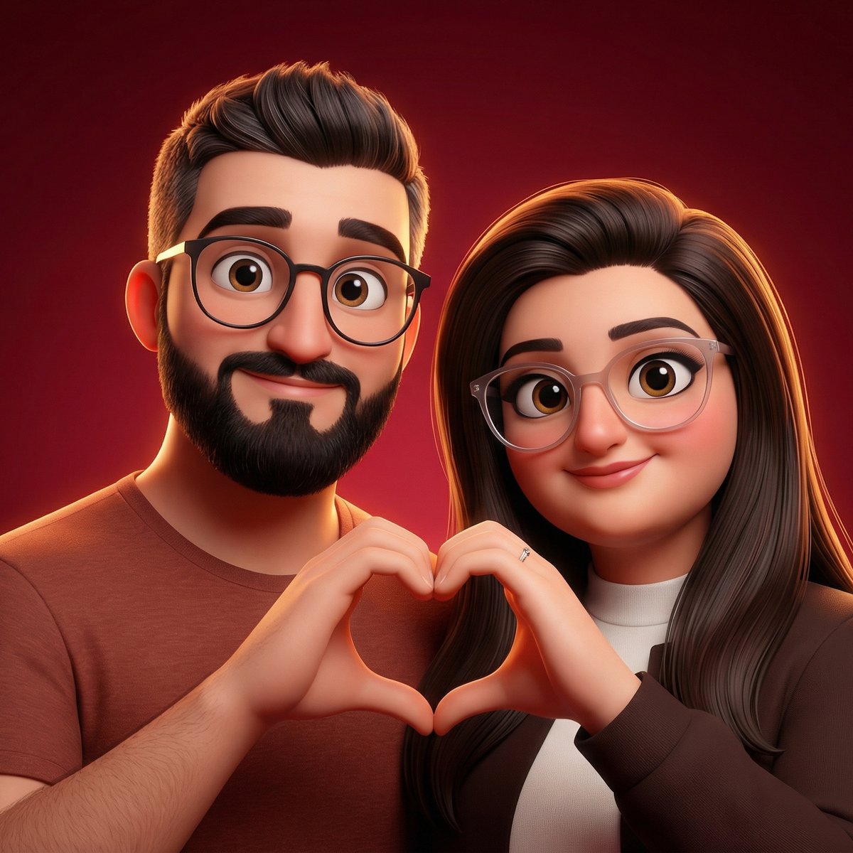 Pixar-Style Couple Heart Pose — Disney 3D Cartoon Companion Scene example 1