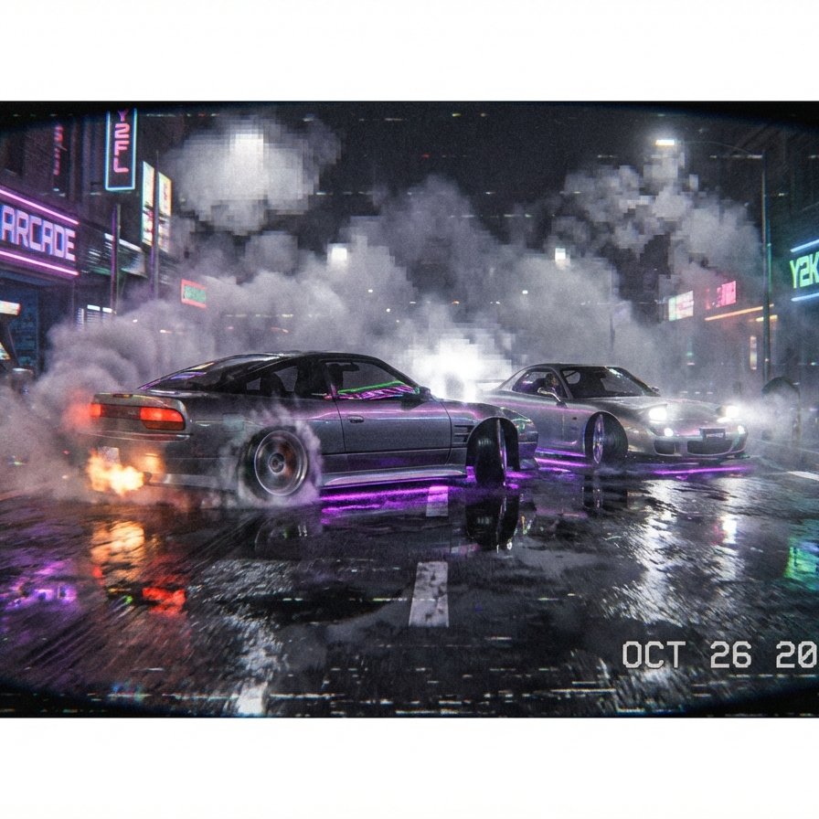 NFS Underground Drift Battle — VHS Fisheye Video Prompt for VEO3 example 1