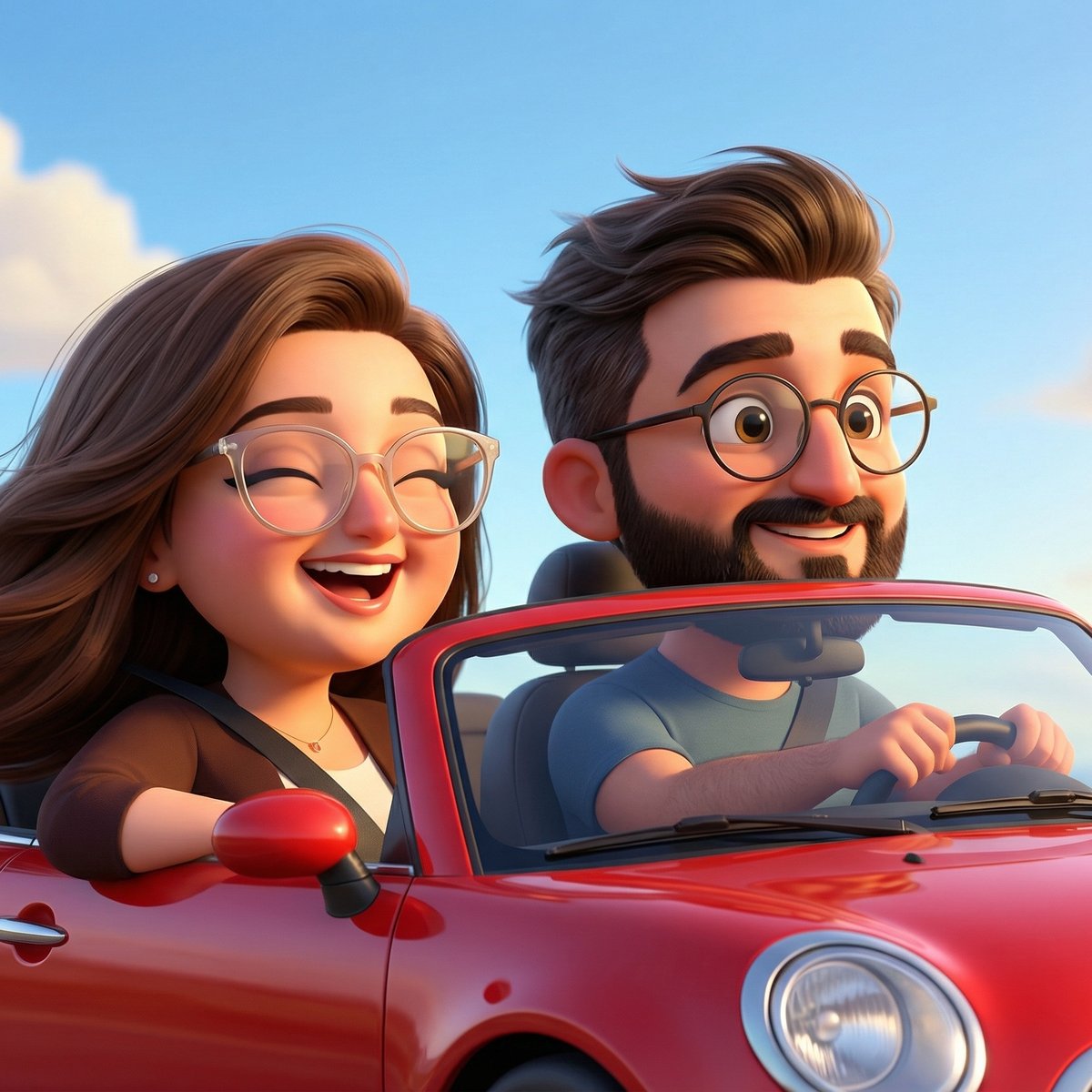DreamWorks Couple Convertible Road Trip — 3D Cartoon Wind-in-Hair Scene example 3