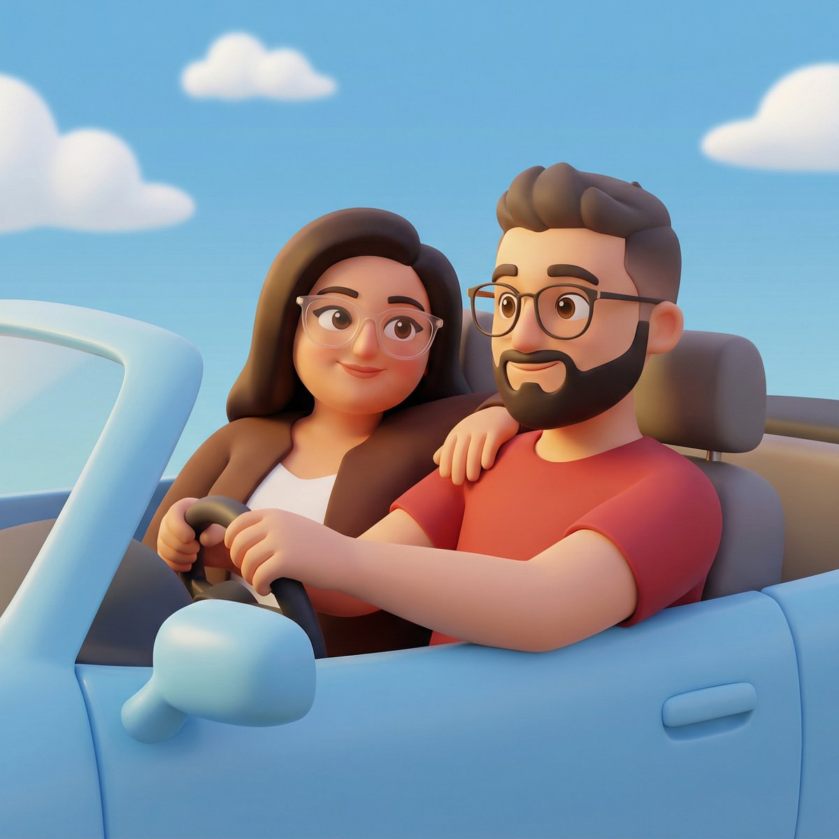 Soft-Shading 3D Cartoon Couple Convertible Ride — Baby Blue Car with Stylized Sky example 1