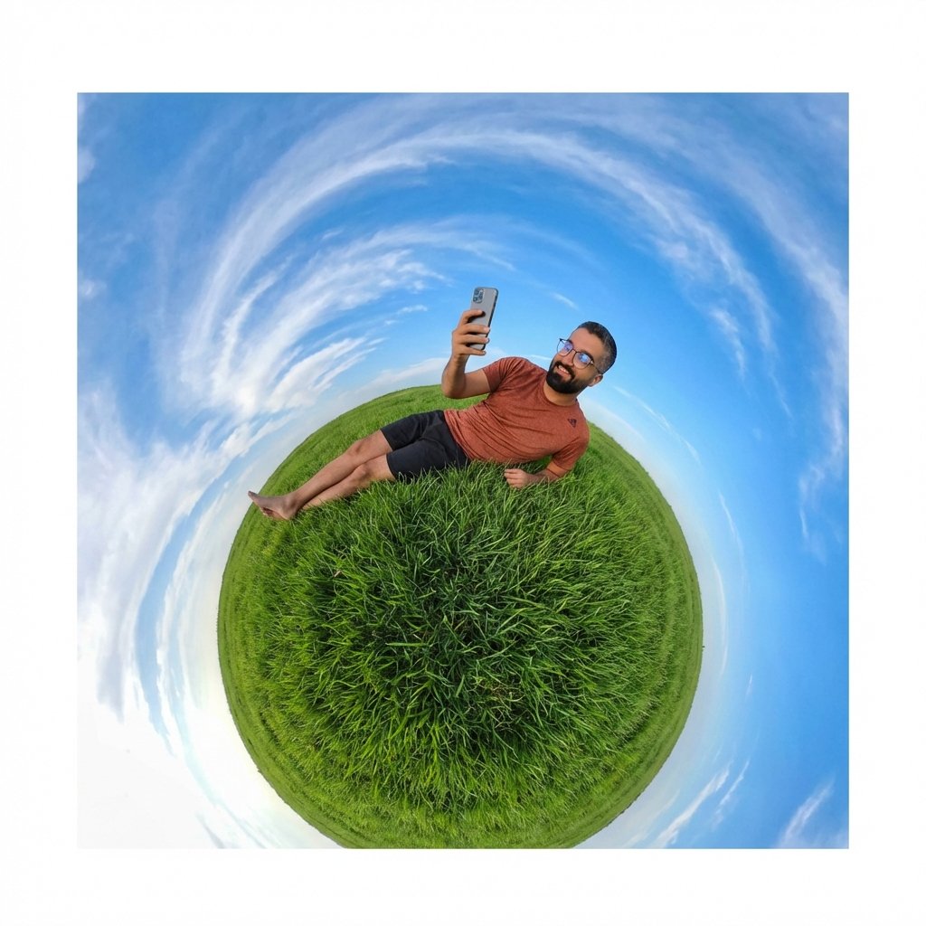 Tiny Planet Vortex — Selfie on a Grass Sphere with Swirling Sky (Kling) example 3