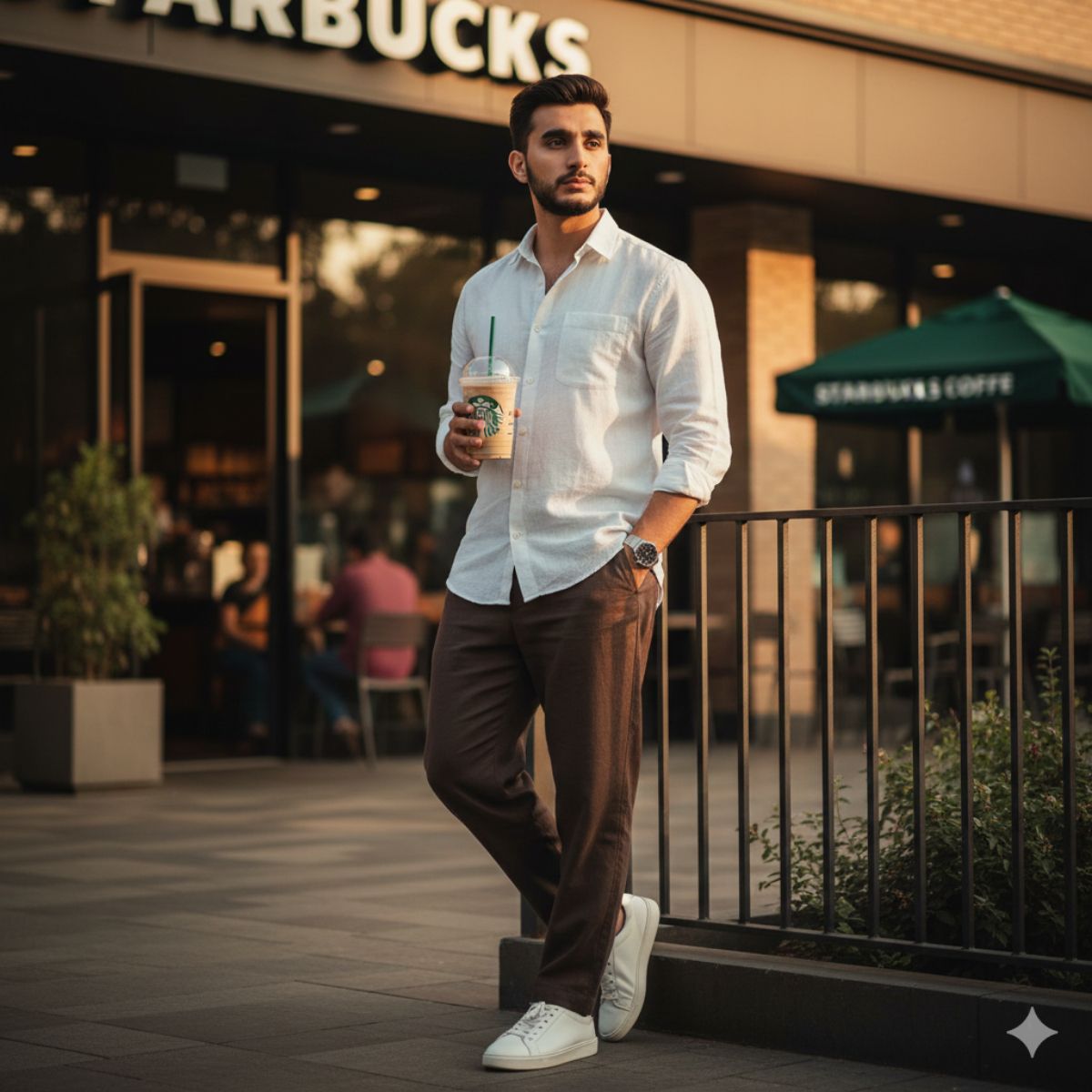 Young and fresh man standing next to Starbucks example 1