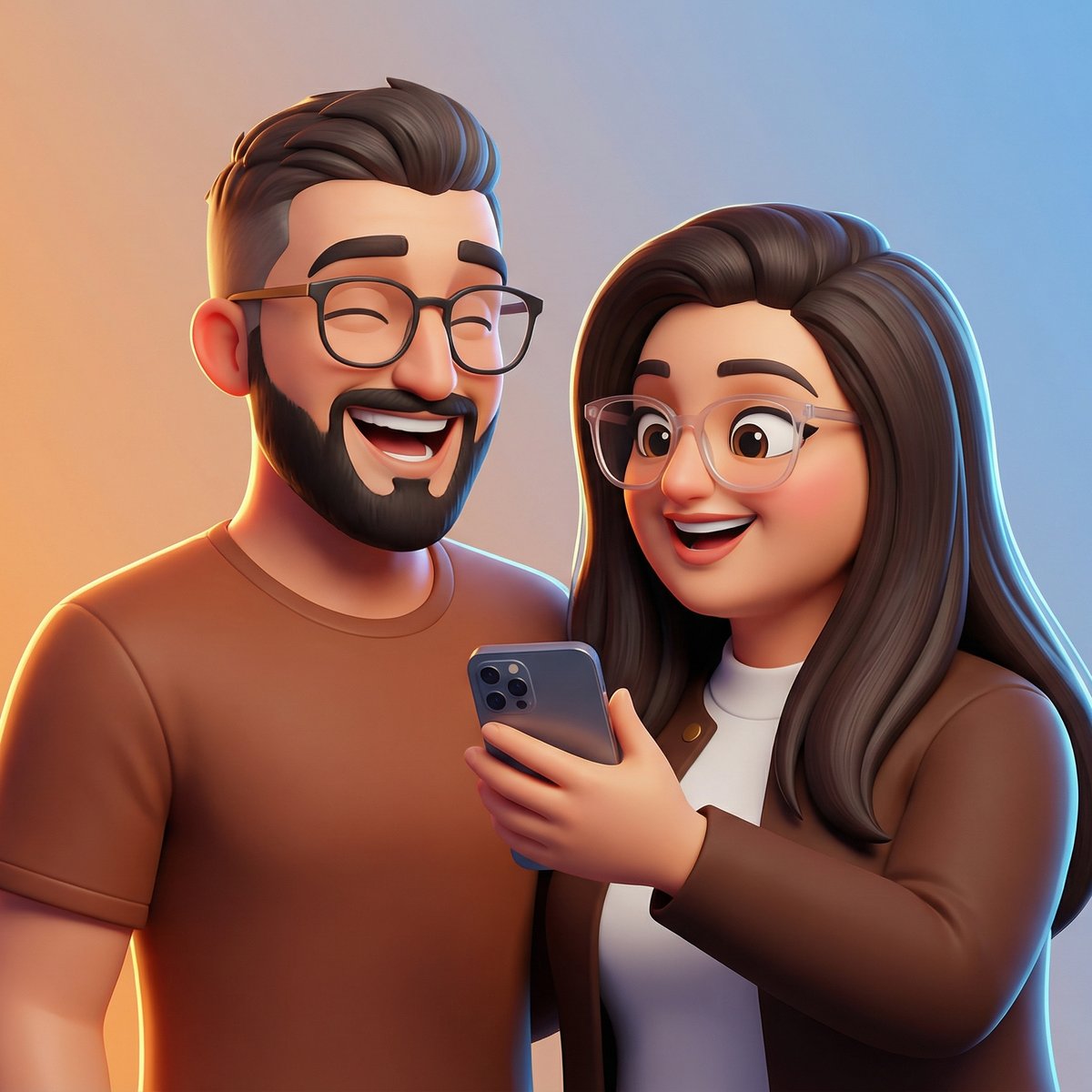 Commercial 3D Cartoon Couple Laughing at Phone — Polished Vibrant Ad Style example 1