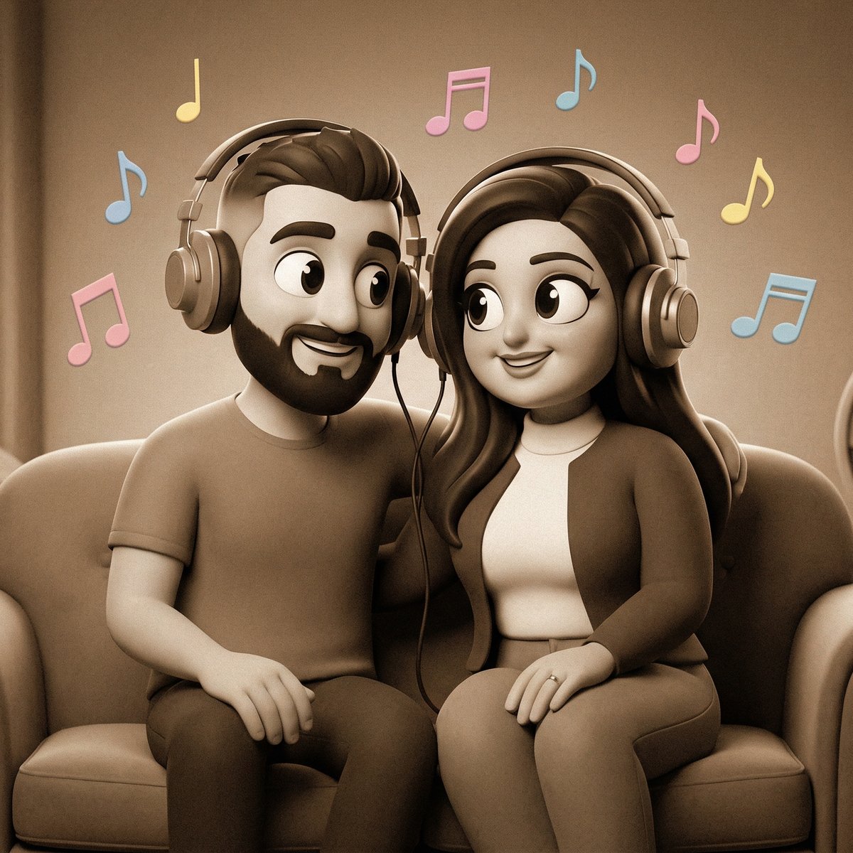 1940s Retro Couple Sharing Headphones — Nostalgic 3D Cartoon Music Scene example 3