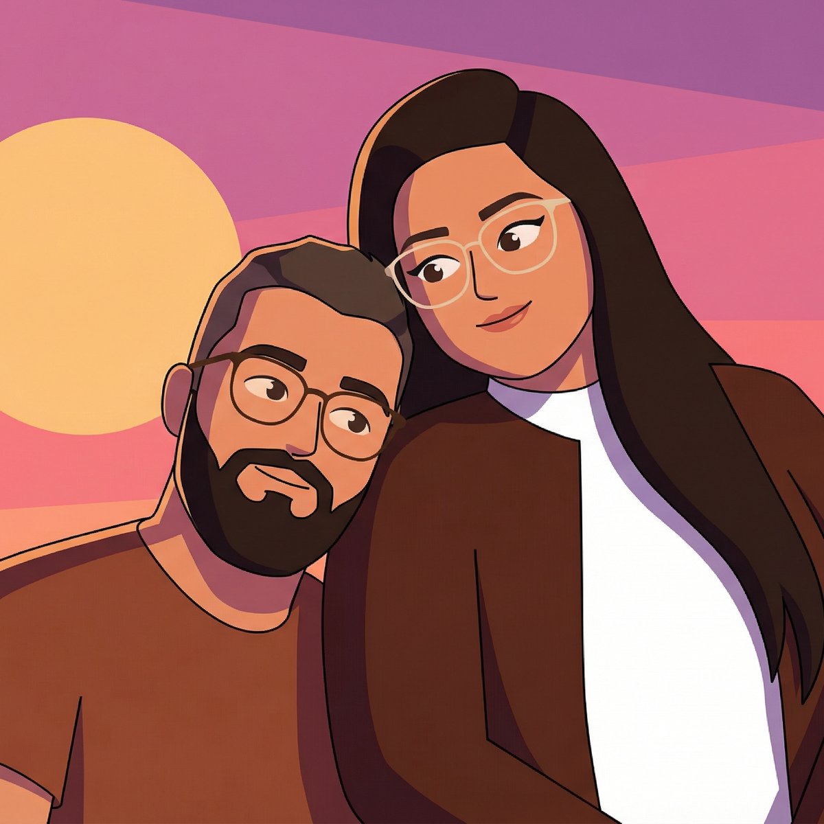 Flat-Shading 3D Cartoon Couple Sunset Embrace — Graphic Modern Silhouette Scene example 1