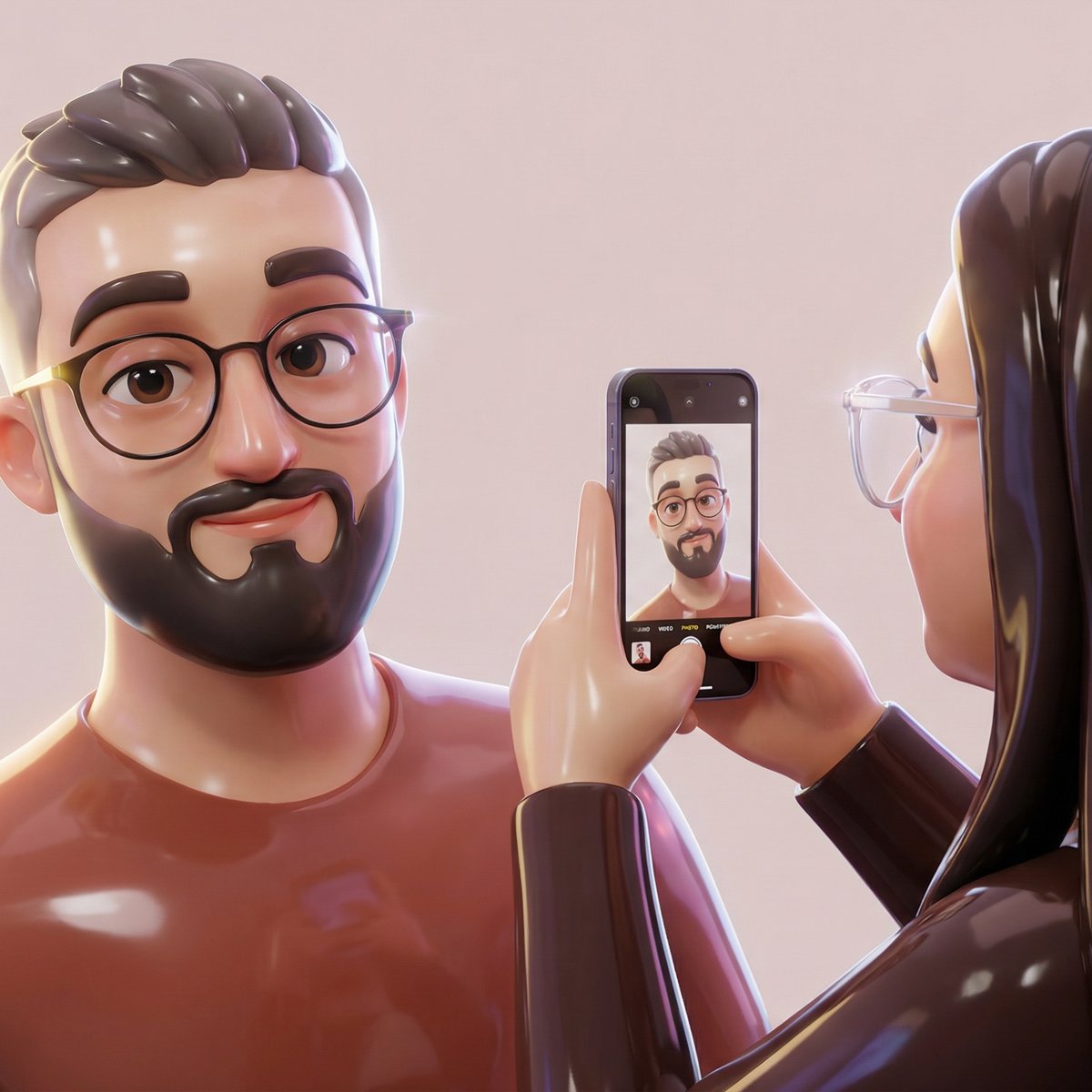 High-Gloss 3D Cartoon Couple Selfie — Porcelain Shine Character Style example 1