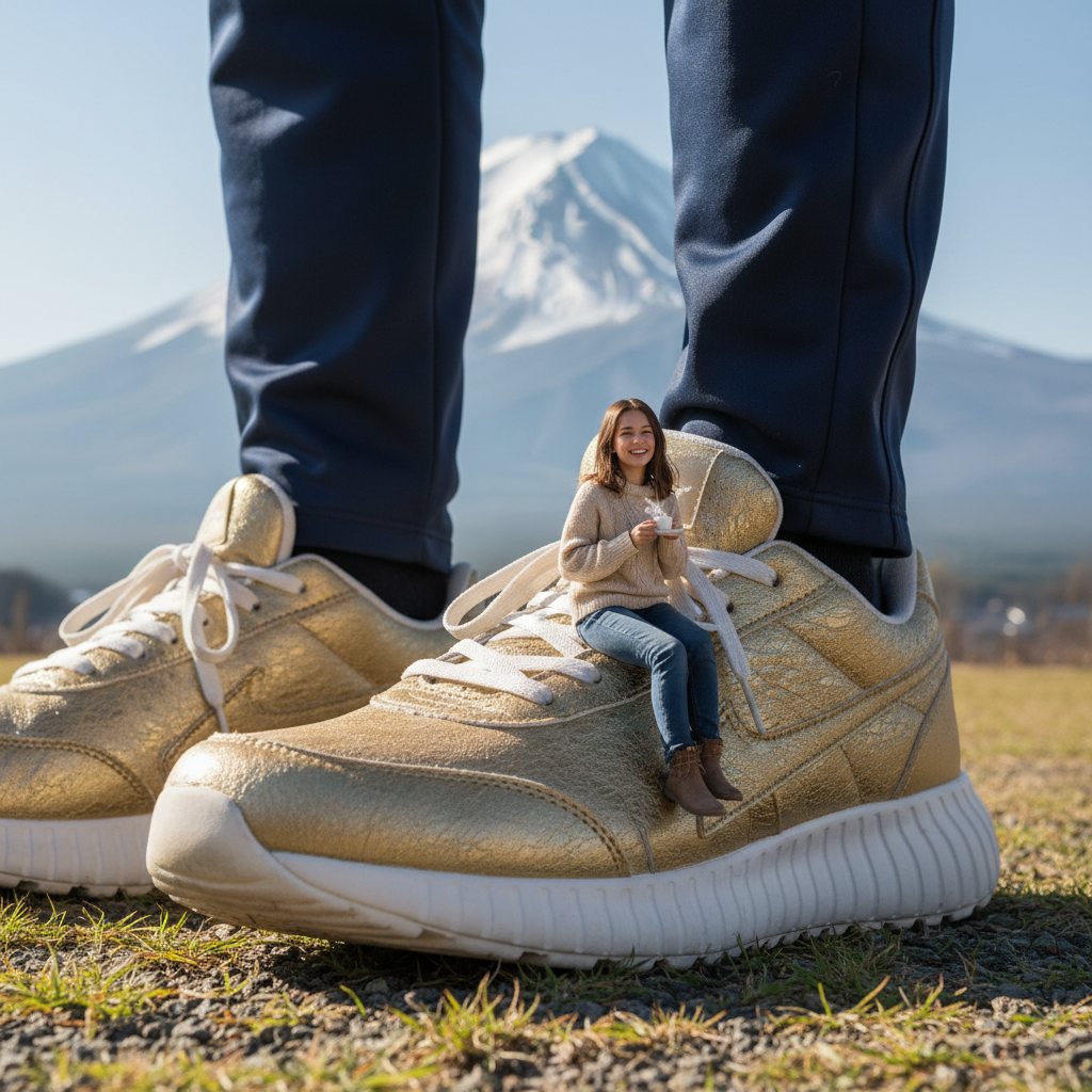 Miniature Me Sitting on Giant Shoes — Scale Illusion Photo example 1