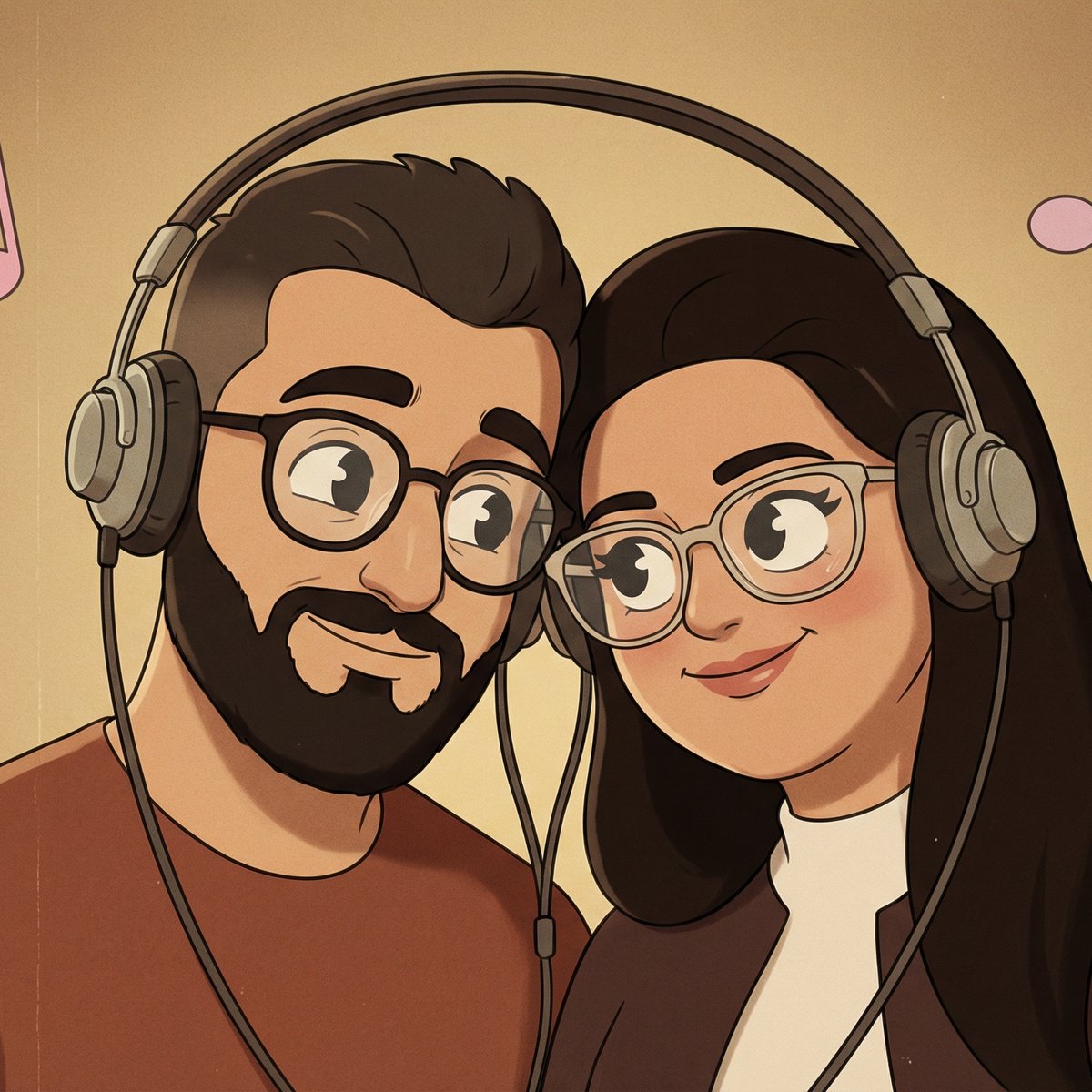 1940s Retro Couple Sharing Headphones — Nostalgic 3D Cartoon Music Scene example 2