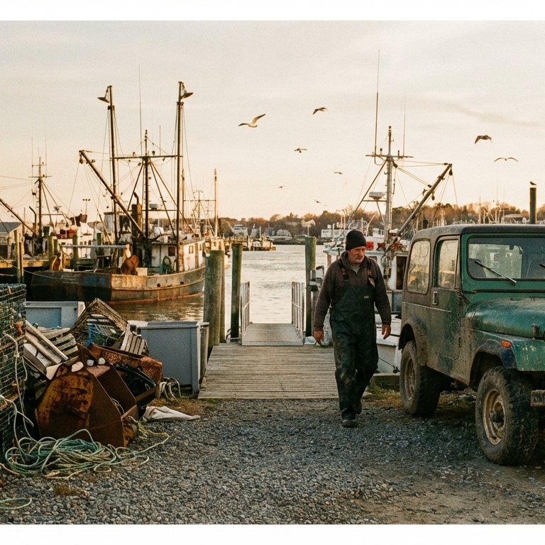 Harbor Dawn — Cinematic 35mm Film Fisherman Portrait Prompt example 3