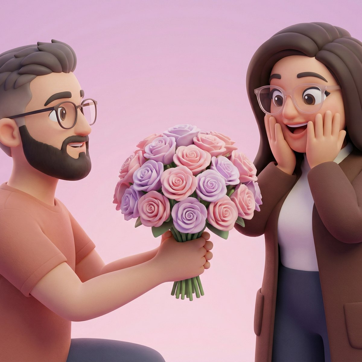 Matte 3D Cartoon Flower Surprise — Romantic Bouquet Moment with Pastel Palette example 1