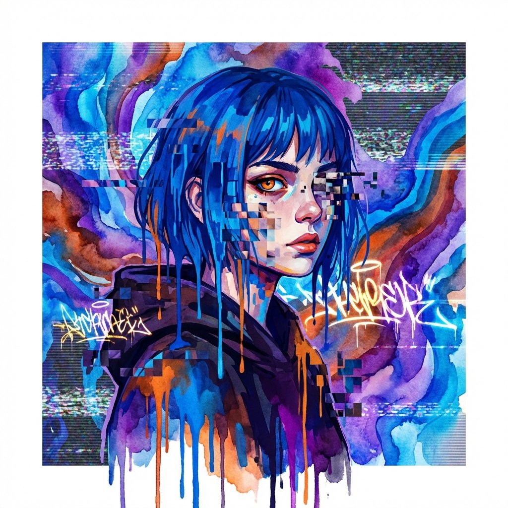 Digital Watercolor Glitch Art Portrait — Expressive VHS Style for [YOUR CHARACTER] example 5