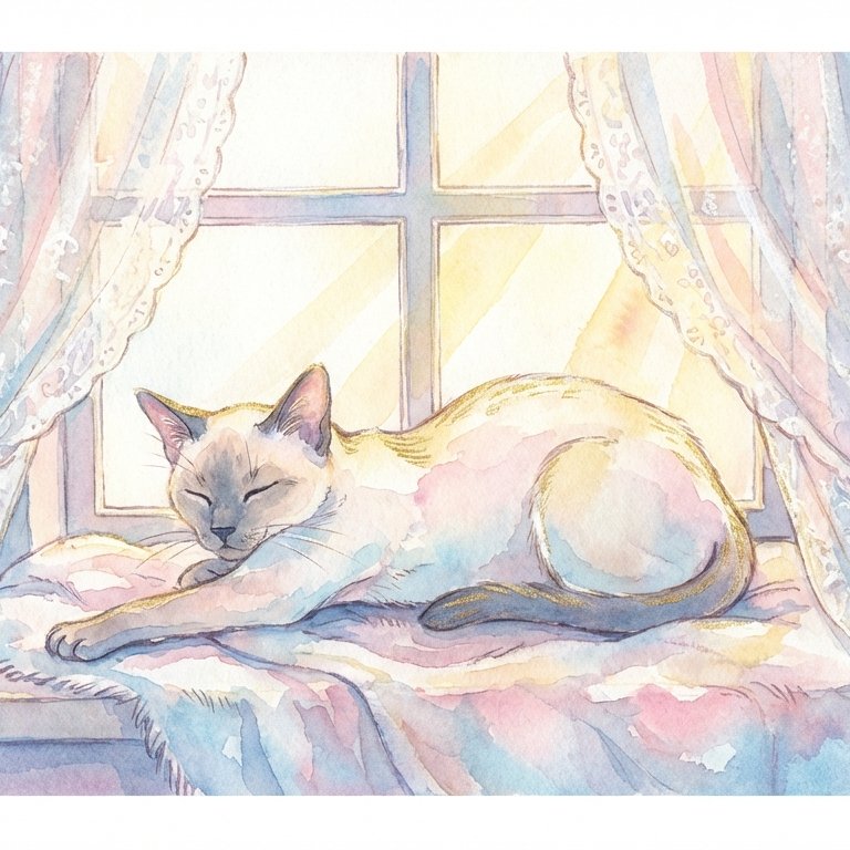 Whispers of the Golden Afternoon — Siamese Cat Watercolor Scene example 1