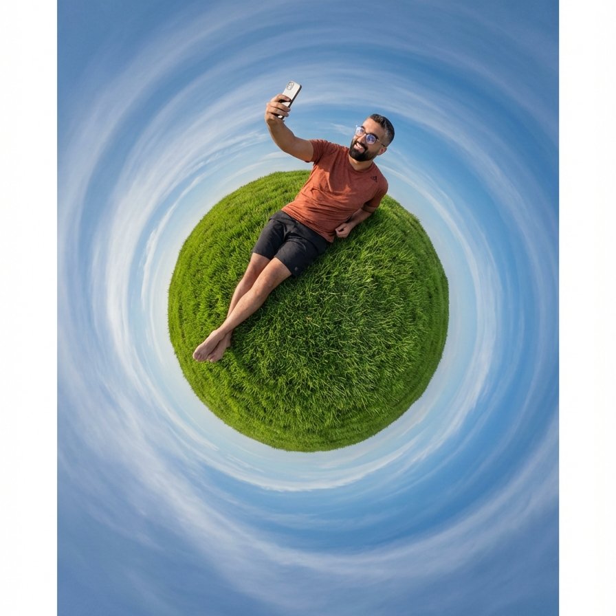 Tiny Planet Vortex — Selfie on a Grass Sphere with Swirling Sky (Kling) example 1