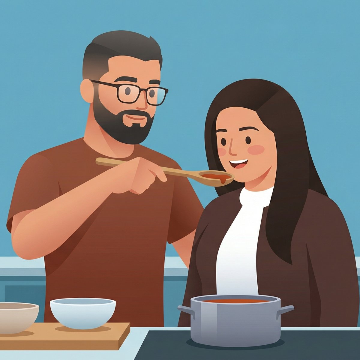 Clean Vector 3D Couple Cooking Together — Geometric Cartoon Kitchen Scene example 1