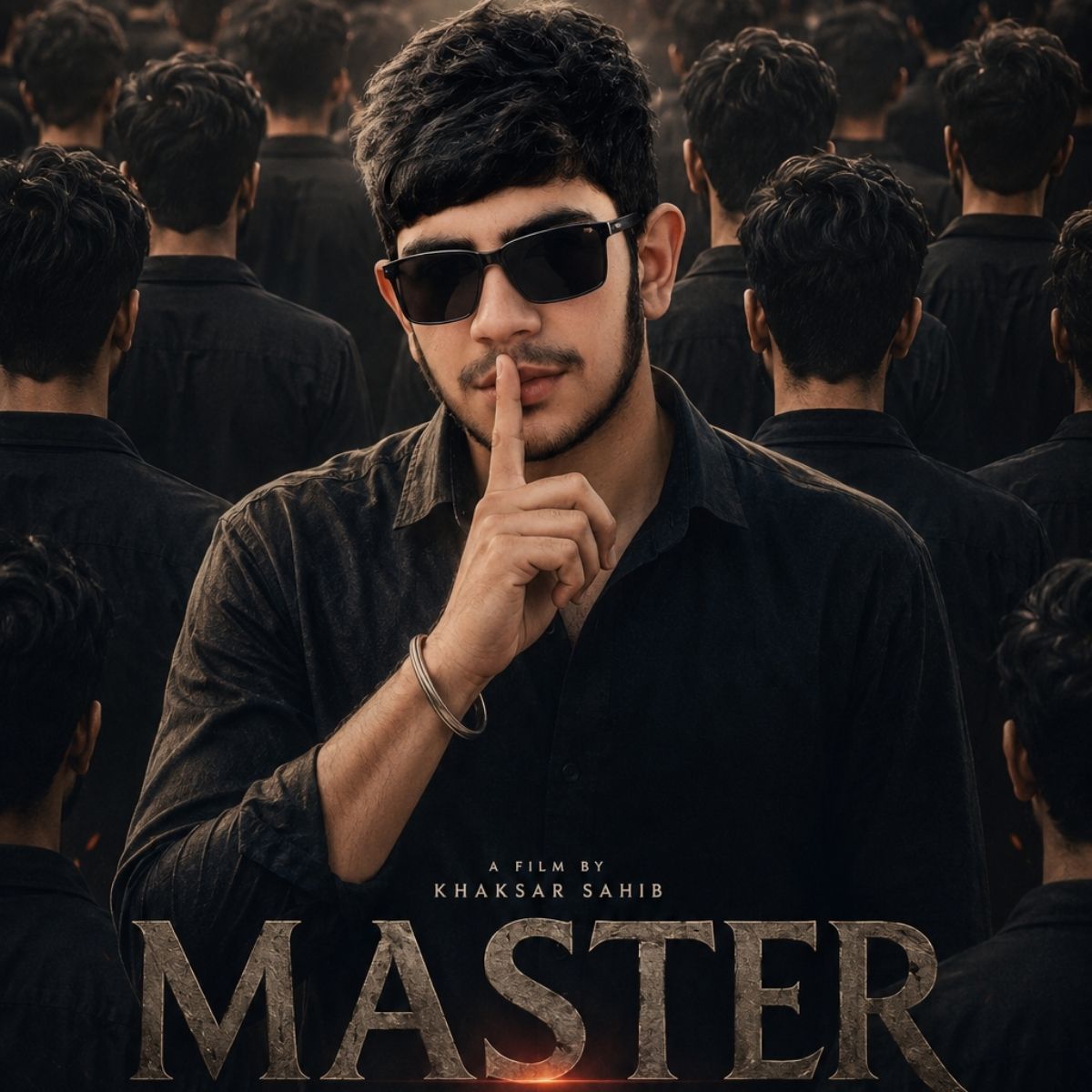 Create a movie poster titled "MASTER" featuring a man in sunglasses and a dark shirt standin example 1
