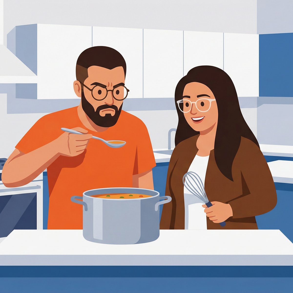 Clean Vector 3D Couple Cooking Together — Geometric Cartoon Kitchen Scene example 2