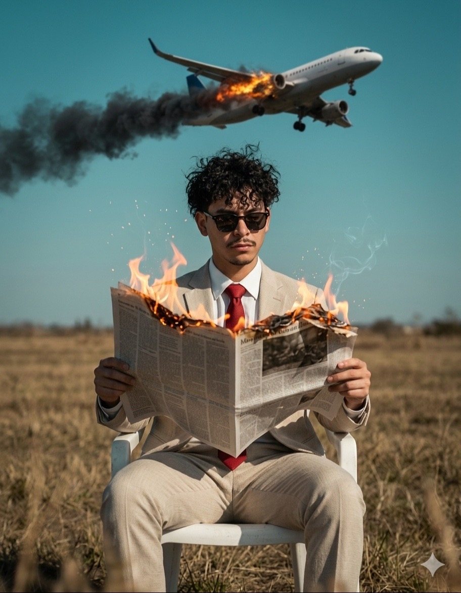 Calm Man Reading Burning Newspaper — Cinematic Gemini Face Swap example 1
