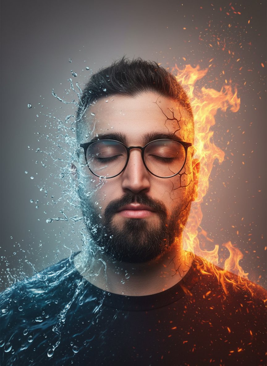 Fire vs Water — Surreal Duality Portrait example 1
