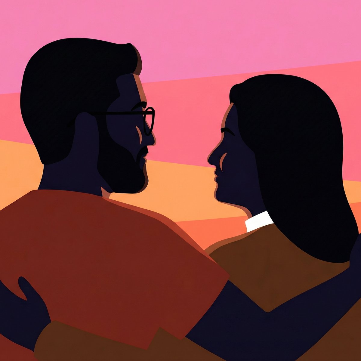 Flat-Shading 3D Cartoon Couple Sunset Embrace — Graphic Modern Silhouette Scene example 2